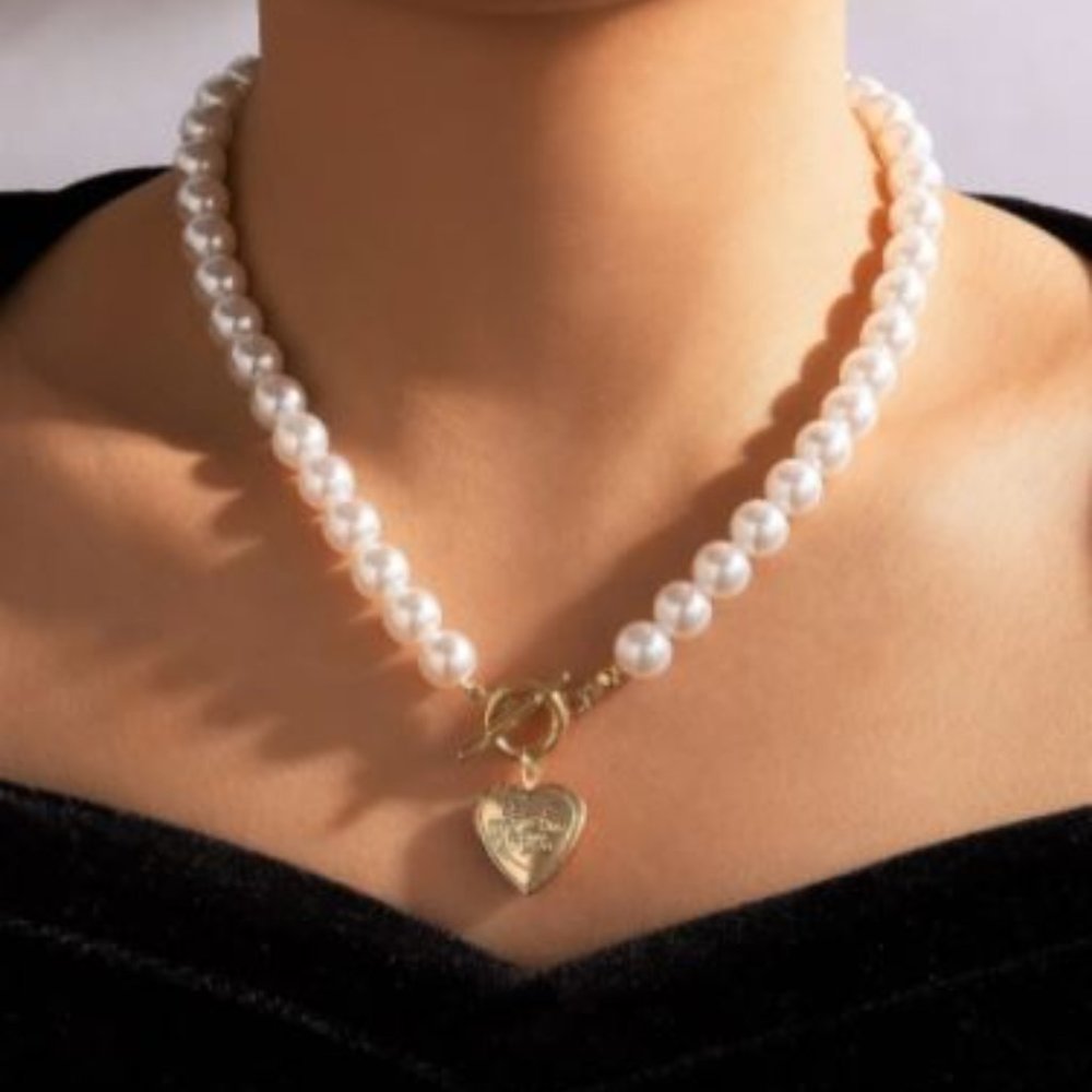 Faux Pearl Heart charm necklace
